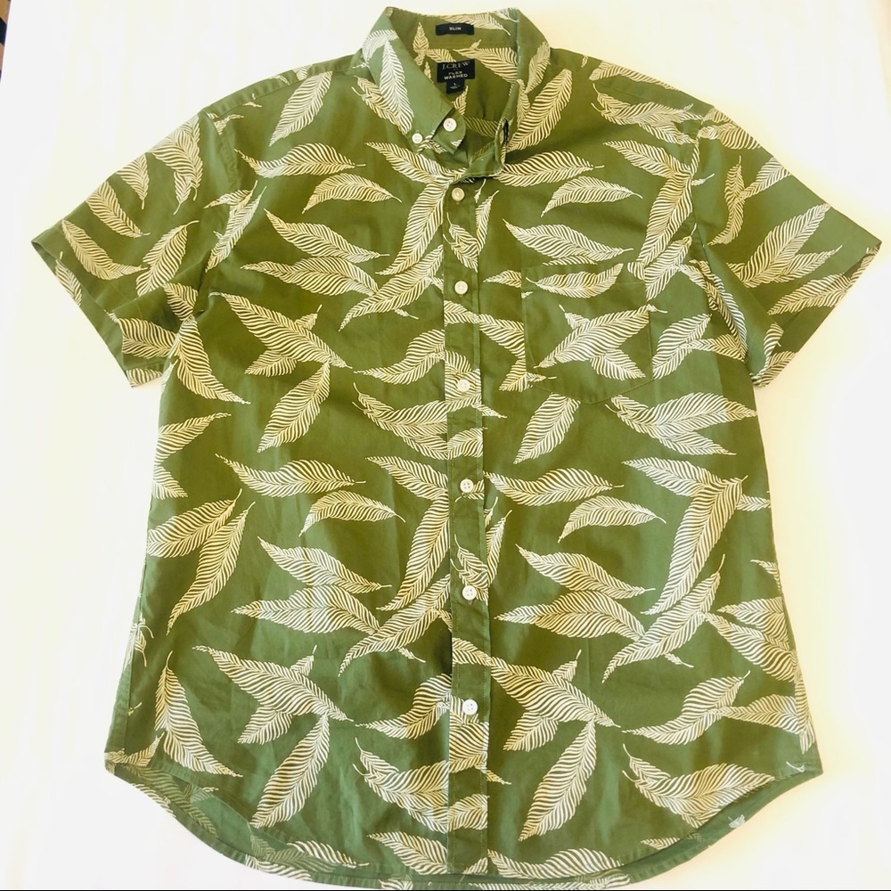J. Crew Flex Washed Green Tropical Leaf Print Casual Shirt - Men’s L